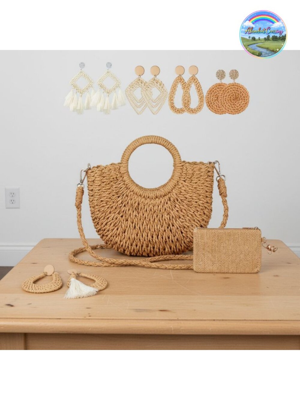 Woven Straw Clutch Crossbody Bag & Rattan Earrings Set